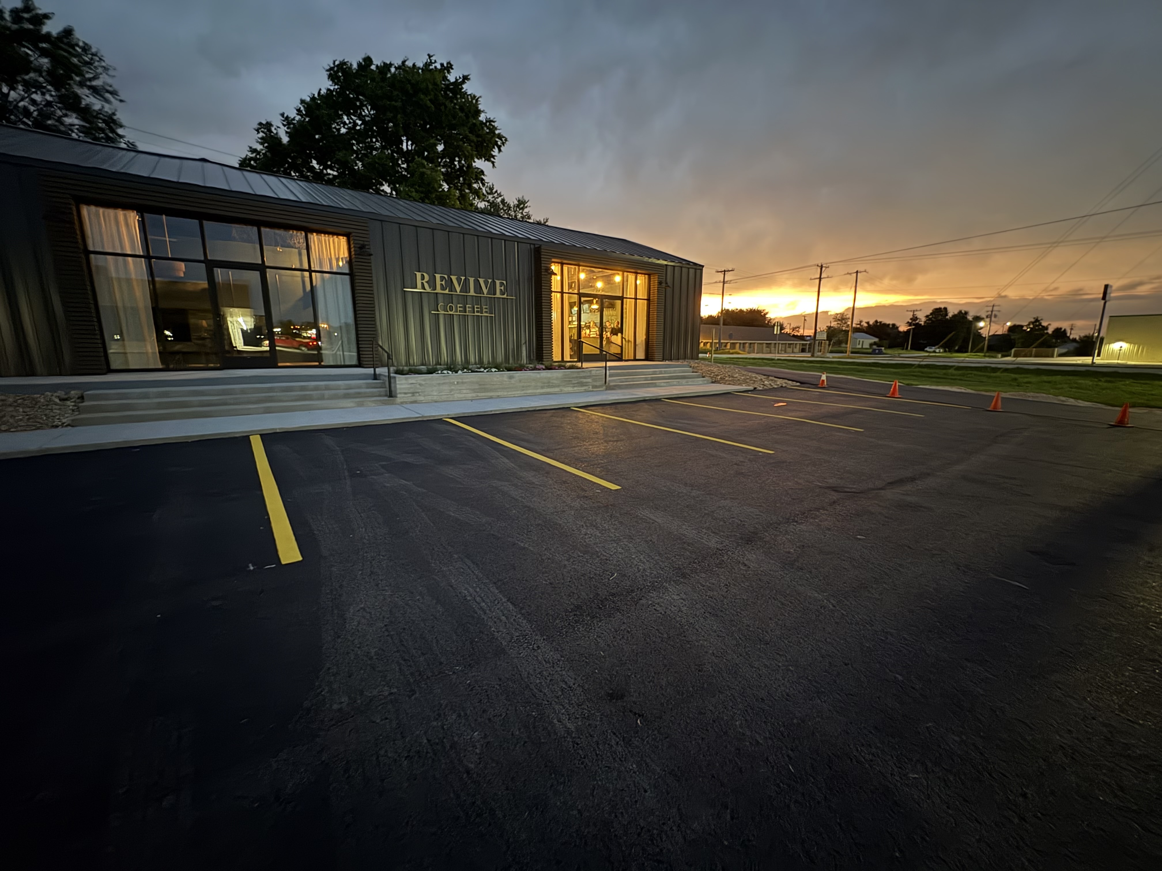 Revive Coffee storefront at sunset in Sparta, Missouri